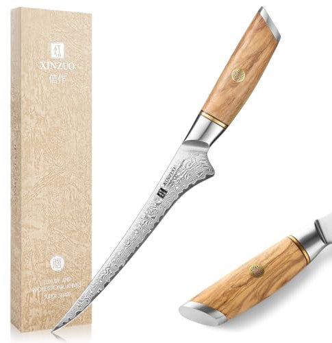 XINZUO 17,8cm Damastpulverstahl Filetiermesser, 73 Schichten Damastmesser Fischmesser Profi Kochmesser, Damaskus Fischfiliermesser Ausbeinmesser für Küchen -Ergonomischer Olivenholz Griff