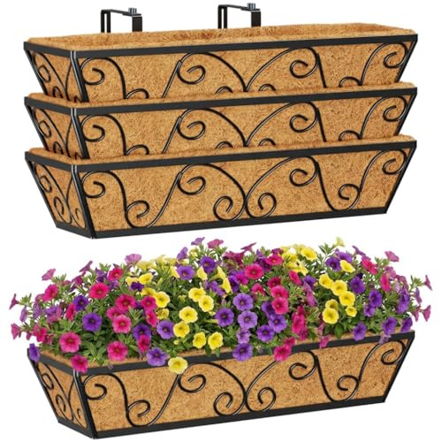 HFHOME Set of 4 60.9cm/24in Wall Trough Rail Planters, Metal Butterfly Planter Box with Coco Liner, Long Flowerpot for Railing Window Box Porch Balcony & Outdoor Fences
