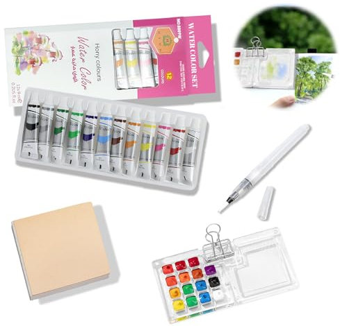 Set Acquerelli da Viaggio, Set Acquerelli con 12 Colori Gouachee Tavolozza Acquerelli e Sketchbook Acquerello e Pennelli per Artisti e Hobbisti
