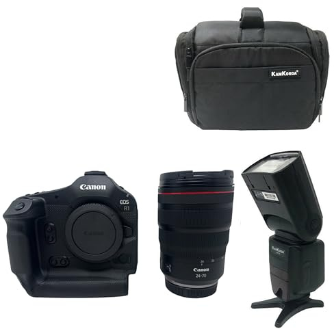 KamKorda Camera Bag + Flash + R1 Mirrorless Digital Camera + RF 24-70mm f/2.8L IS USM, 24MP Full Frame stacked CMOS Sensor, Cross-type AF Professional Photography - 2 Year Warranty