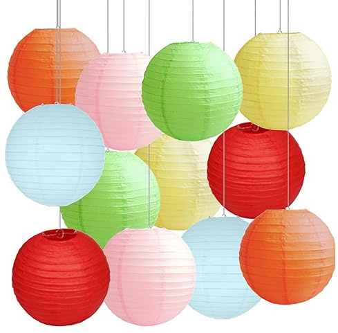 12 pcs Paper Lanterns for Outside Outdoor Party Decorations Garden Rainbow Hanging Paper Lantern Japanese Chinese Ceiling Decorations Festival Themed Party (Happy, 12 (30 cm))