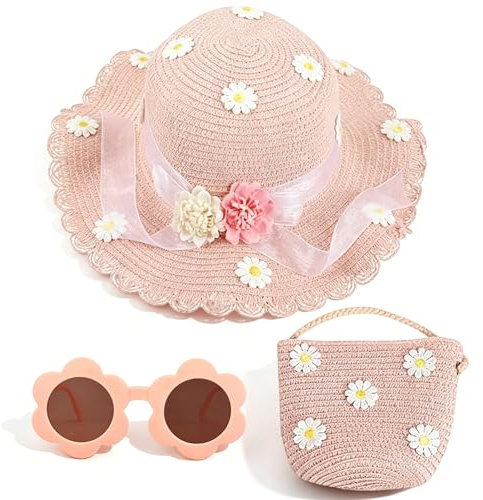 KDFSSIPE Cappello da Spiaggia Estivo Set di Borse Cappello di Paglia con Fiori Occhiali da Sole Cappello da Sole per Ragazze Adolescenti Turismo Vacanze Spiaggia attività All'aperto