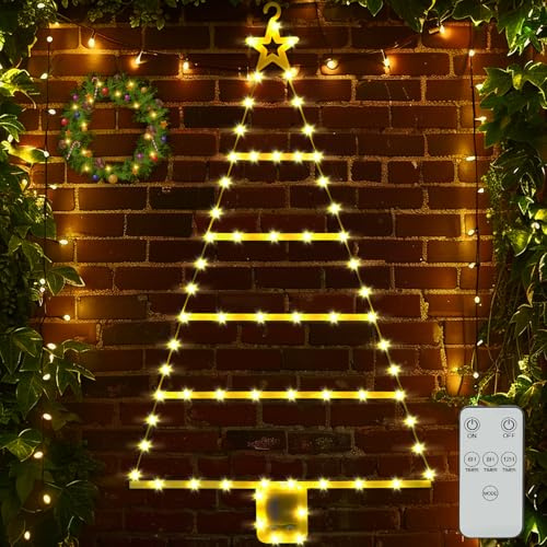 SaiXuan LED Weihnachtsbeleuchtung Außen Batterie, Dreieckiger Weihnachtsbaum Licht mit Fernbedienung, 8 Modi, Timer 6H/8H/12H, Batteriebetrieben, Warmweiß, 92.5×39.5 cm, Wasserdicht