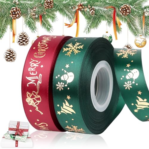 SULOLI Nastro Natalizio per Confezioni Regalo,2 Rotoli di Raso Rosso Verde