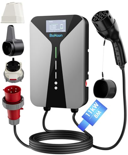 BiaHawn Wallbox 11kW 3-Phasen mit 4,3 Display,Typ 2 LadeKabel 8m CEE 16A,für E-Auto/PHEV mit FI-Schutz,Kabelhalter, IP65,Privathaushalt, Wohnanlagen, Gewerbe