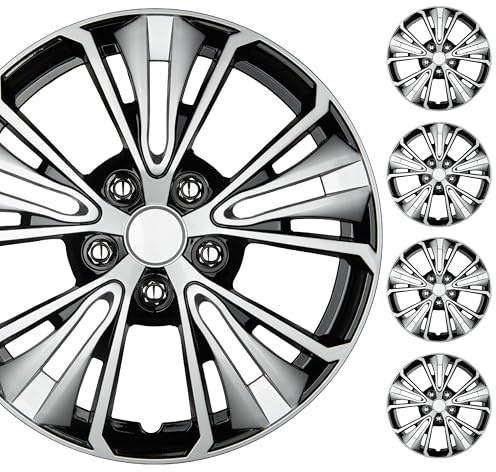 BDK 16 Inch Hubcaps Set of 4 – OEM Replacement Snap-On Wheel Rim Covers - Universal Fit Car Wheel Cover for Cars, Trucks, SUV, Vans Durable ABS Black & Silver 5-Spoke Hub-Cap Car Accessories Exterior