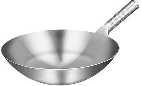 Wok tradizionale cinese in acciaio inox, leggero antiaderente con fondo rotondo per fuoco aperto a gas (32 cm)