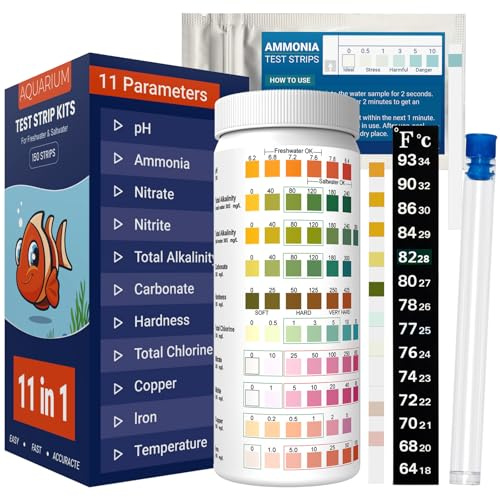 11-in-1 Aquarium Teststreifen-150 Stücke, Süß- & Salzwassergeeignet, Schneller Wassertest Aquarium für pH,Ammoniak,Nitrat,Nitrit,Gesamalkalinität,Karbonat, Wasserhärte, Kupfer, Eisen,Temperatur& Mehr