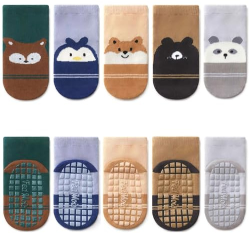 FedMois Calcetines Antideslizantes de Algodón para Bebé Niño Niña Pack de 5, Rayas, 3-5 años