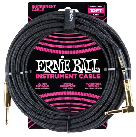 Ernie Ball 10 ft Braided Straight Angle Instrument Cable - Black