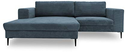 DOMO Collection Modica Ecksofa, moderne L-Form, kleine Ecke, Eckcouch, Sofa Eckgarnitur, Cord, grau-blau, 244x173x83 | Longchair links mit breitem Sitzbereich, moderne L-Form aus Cord mit schwarzem Metallfuß, 244 x 173 x 83 cm (BxTxH)