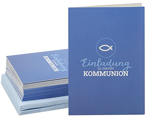 24 Einladungskarten zur Kommunion zum Ausfüllen mit Umschlägen, Fisch-Motiv, DIN A6, Blau