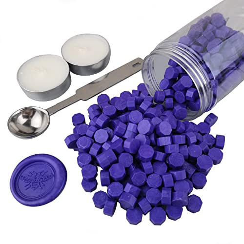 Siegelwachsperlen, AMTOL 300 Stück Wachssiegelperlen mit 2 Stück weißen Kerzen und 1 Stück Wachsschmelzlöffel, ideal für Hochzeitseinladungen, Kartenumschläge, Geschenkverpackungen(Lila)
