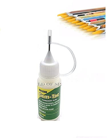 JP Arts & Crafts 10ml Gem-Tac Glue Rhinestone Crystal Applying Needle Precision Tip Bottle for Art & Crafts Card Jewellery Making with 1 Free Wax Pencil
