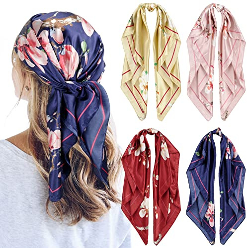 QBSM 4 Pcs 35'' Satin Seidentuch – Großes Quadratisches Kopftuch für Frauen, Seidenschal für Haar, Schlaf & Hals (90x90cm)