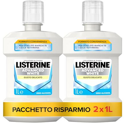 LISTERINE Advanced White, Collutorio sbiancante al gusto delicato di Menta, Collutorio senza alcool per denti bianchi e un'igiene orale completa, Confezione da 2 x 1L – Esclusiva Amazon