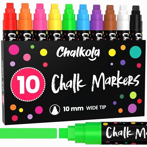 Chalkola 10 kritmarkörer för svarta tavlan, svarta tavlan, fönster, bistro, bilglas, bräda, spegel – 10 mm 3-i-1 bred spets