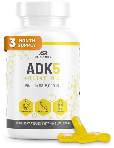 ALPHA RISE ADK Vitamin Supplement + Olive Oil for Better Absorption | ADK 5 Supplement with Vitamin A D and K | 5000 iu of Vitamin D3 + K2 (MK7+MK4) | 90 Liquid Capsules | Vegetarian | Non-GMO