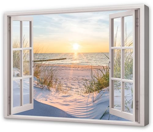 WallArena Leinwand Bilder 100x75 cm | Fensterbilck Strand Meer Natur Landschaft, Format: 100x75 cm (BxH) - einteilig auf Canvas Leinwand. Das Leinwand