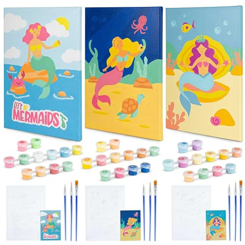BONNYCO Paint by Numbers Kit for Kids Mermaid Pack 3 Canvas. Paint by Number Canvas Framed Pre Drawn, Mermaid Gifts for Girls Painting. Arts and Kids Crafts 4-6 8-12, Pintar por Numeros Niñas