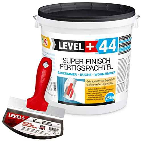 Super Finish Fertigspachtel Q1-Q4 Spachtelmasse 25kg Perfekt Glatt Weiß Innenbereich + Eimerschaber Eimerschaufel EdelstahlSet RM44/5-210
