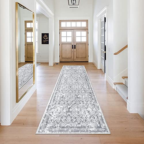 Enyhom Läufer Flur rutschfest 75 x 243cm Vintage Boho Küchenläufer Hochwertig Teppich Küche Waschbar Flauschig Weich Teppich Läufer für Waschküche Eingang, Grau