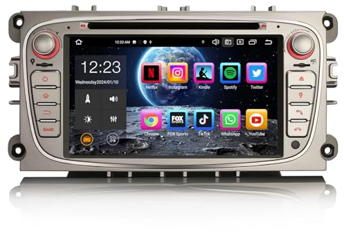 Erisin 8-Core 7 Android 14 4GB+64GB GPS Navegación DVD Estéreo de Automóvil Reproductor para Ford Mondeo Focus S-MAX C-MAX Galaxy Soporta Bluetooth 5.0 Dab+ Wireless CarPlay Android Auto WiFi DSP