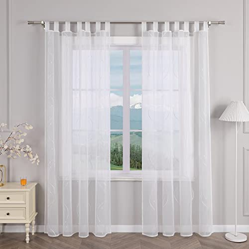 Delien Gardinenschals Wohnzimmer Transparente Gardinen mit Schlaufen Modern »Wellen« Fenster Gardinen Stickerei Flächenvorhänge Schlaufenschals Vorhang mit Wellenmuster 1 St. Weiß,BxH 140x225cm
