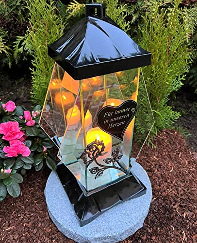 Lanterna funeraria con scritta – per sempre nei nostri cuori. Il nuovo modello!! candela funeraria decorazione funeraria 34 cm H. incl. candela