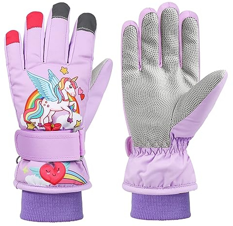 QKURT Guantes de esquí para niños, Guantes Gruesos de Invierno cálidos Mitones de Nieve a Prueba de Viento Guante de esquí Unicornio Guante de Clima frío para niños de 4~6 años