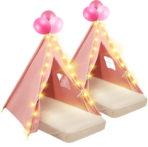 Lemosae 2 Pack Kids Teepee Tent Sleepover for Slumber Party, Pink