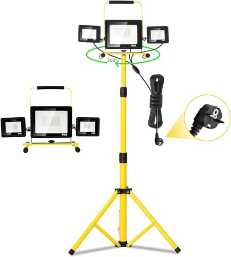 Viugreum Faretto a LED da 100Watt con treppiede fino 180cm, 6500K direzione regolabile Faretto Lavoro 8000lumen 230V luce bianca fredda IP65 con spina 3m cavo per cantieri Esterno