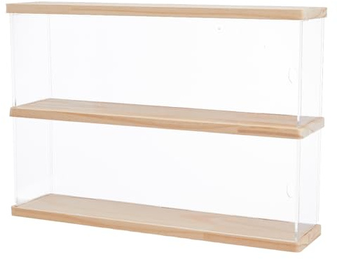 SUPERFINDINGS Acrylic Display Risers Stand 2 Tiers Display Case for Funko Pop Figures Wood Showcase Storage Box for Collections Display Holder, 39.5x9.7x27.45cm