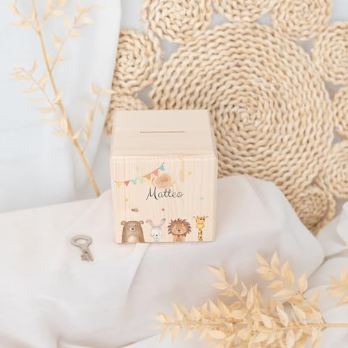 wunderwunsch® - Personalisierte Spardose Kinder aus Holz mit Metallschloss - Spardose mit Namen mit kinderfreundlichem UV-Druck zum Sparen für Kinderträume
