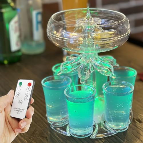 Shot Glass Dispenser with 6 Shot Glasses Set + 8 Effect Lights, Party Wine Dispenser and Holder, Clear Acrylic Beverage Dispenser Holder for Beverage Whiskey Cocktails Wine and Cider