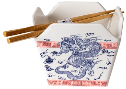 Urban Tokyo kinesisk hämtningslåda stil porslinsskål med ätpinnar 532 ml fyrkantig lådform risnudlar pasta att gå i lådformad skål mikrovågsugn diskmaskin säker (orientalisk drake)