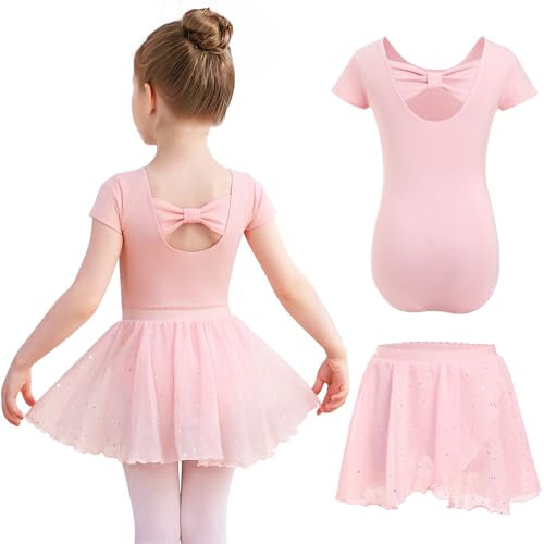 Eisnnu Kinder Ballettkleidung Mädchen Zweiteilig Ballettkleid Baumwolle Kurzarm Balletttrikot Mit Pailletten Chiffonrock Tütü (DE/NL/SE/PL, Numerisch, 130, Regular, Rosa)