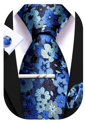 Barry.Wang Lot de 4 cravates carrées pour homme - Motif floral - Boutons de manchette - Pour mariage, fête, affaires, Fleur noire et bleue, taille unique