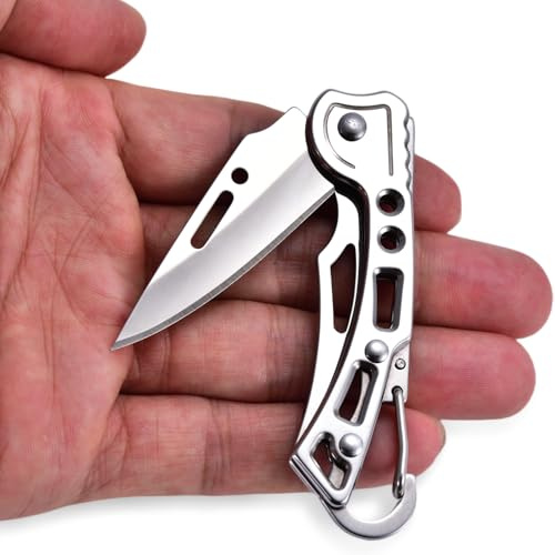 JPCRMOV Mini Klappmesser Taschenmesser Zweihandmesser, Outdoor klein Messer Edelstahl mit Schwanzschnalle Karabiner Clip - Klingenlänge 5cm - Gewicht 39g