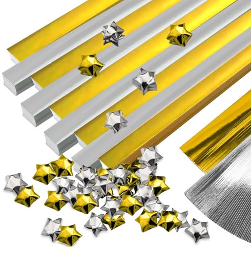Pineraap 800 Glitzerfolien Origami-Sternstreifen - Glücksstern Papierstreifen für DIY Handwerk, Schulunterricht, Partydekoration - Gold, Silber