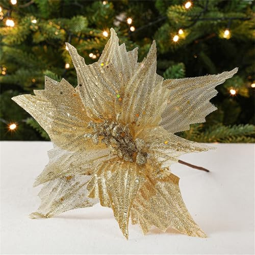 champracer 4 Stück Glitter Weihnachtsblumen Dekoration, Weihnachtsbaumschmuck Ornament aus Kunststoff, Christbaumanhänger für Neujahr Ornamente Anhänger und Kranz (Gold)