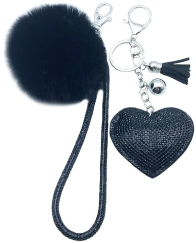 Xsclpomddy Leder Liebes-Herz Keychain Kristallstrass Bling mit Pom Pom Schlüsselbund künstliche weiche Kaninchenhaar Taschenanhänger für Handtasche
