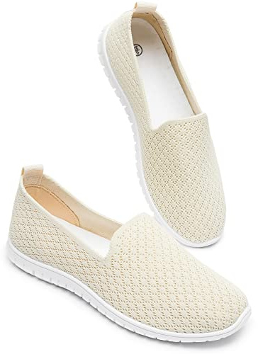 BABUDOG Women's Mesh Flats Shoes Breathable Slip on Shoes Casual Black and White Flats Comfortable Walking Shoes(Beige.US12)