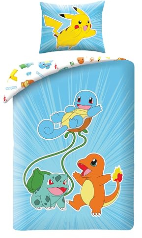Parure de Lit Pokemon Évolution pour Enfant, Housse de Couette Réversible 140x200 cm + Taie d'oreiller 65x65 cm, avec Pikachu, Tortank, Dracaufeu et Florizarre (Bleu Clair)