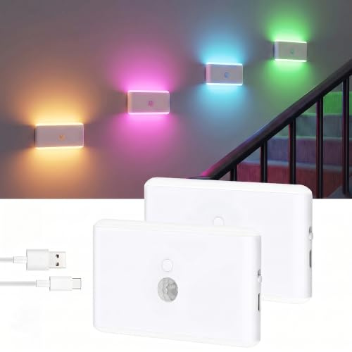 TechVizrs 2 Stück RGB Mini Treppe Lichter Flur Licht mit Bewegungsmelder | Wiederaufladbares Dimmbare LED Nachtlicht für Treppe, Schlafzimmer, Flur, Toilette, Küche