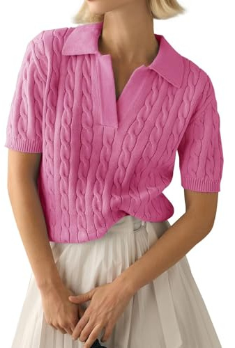 LACOZY Polo d'été à manches courtes et col en V côtelé pour femme, rose, XL