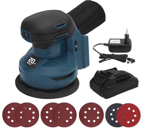 WODHMIEY Ponceuse orbitale sans fil 20 V, ponceuse électrique avec 6 vitesses, interrupteur anti-poussière et sac à poussière, compatible avec batterie Mak ita (batterie unique)