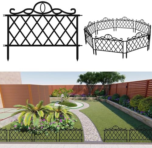 Decorative Garden Border Fence, 4.8 m Length, Black Plastic, Lattice Design, 10-Piece Set