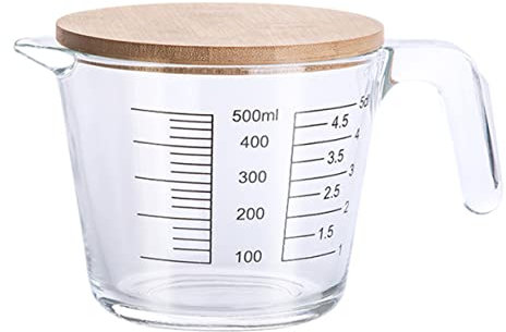 NAMOARLY Jarra Medidora De Vidrio 500 Ml Con Tapa De Madera Resistente Al Calor, Taza Medidora Graduada Para Cocina Doméstica, Uso Repostería y Líquidos, Diseño Reutilizable y Fácil De Limpiar