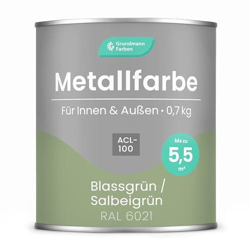 Grundmann Metallfarbe ACL 100 - Pastellgrün 0,7 Kg - Seidenmatt - 4in1 Metallschutzlack inkl. Rostschutz und Grundierung - RAL 6021 Blassgrün/Salbeigrün